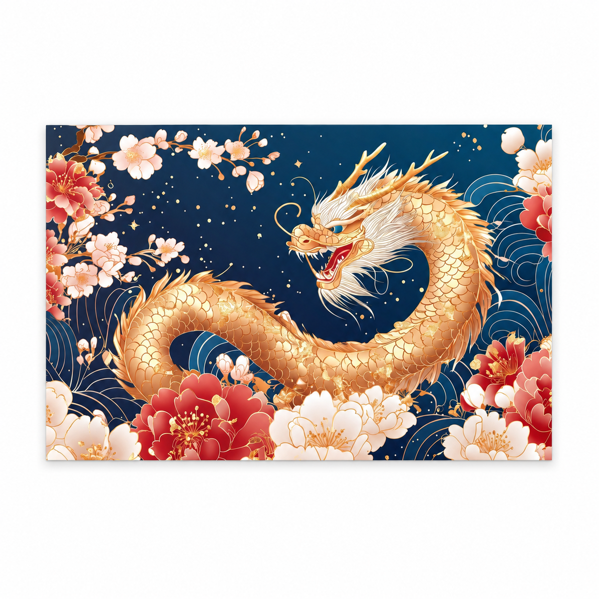 Golden Dragon Feng Shui Wall Decal, Chinese Dragon and Peony Wall Art, Removable Wall Sticker for Home Office Decor