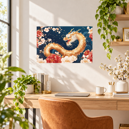 Golden Dragon Feng Shui Wall Decal, Chinese Dragon and Peony Wall Art, Removable Wall Sticker for Home Office Decor