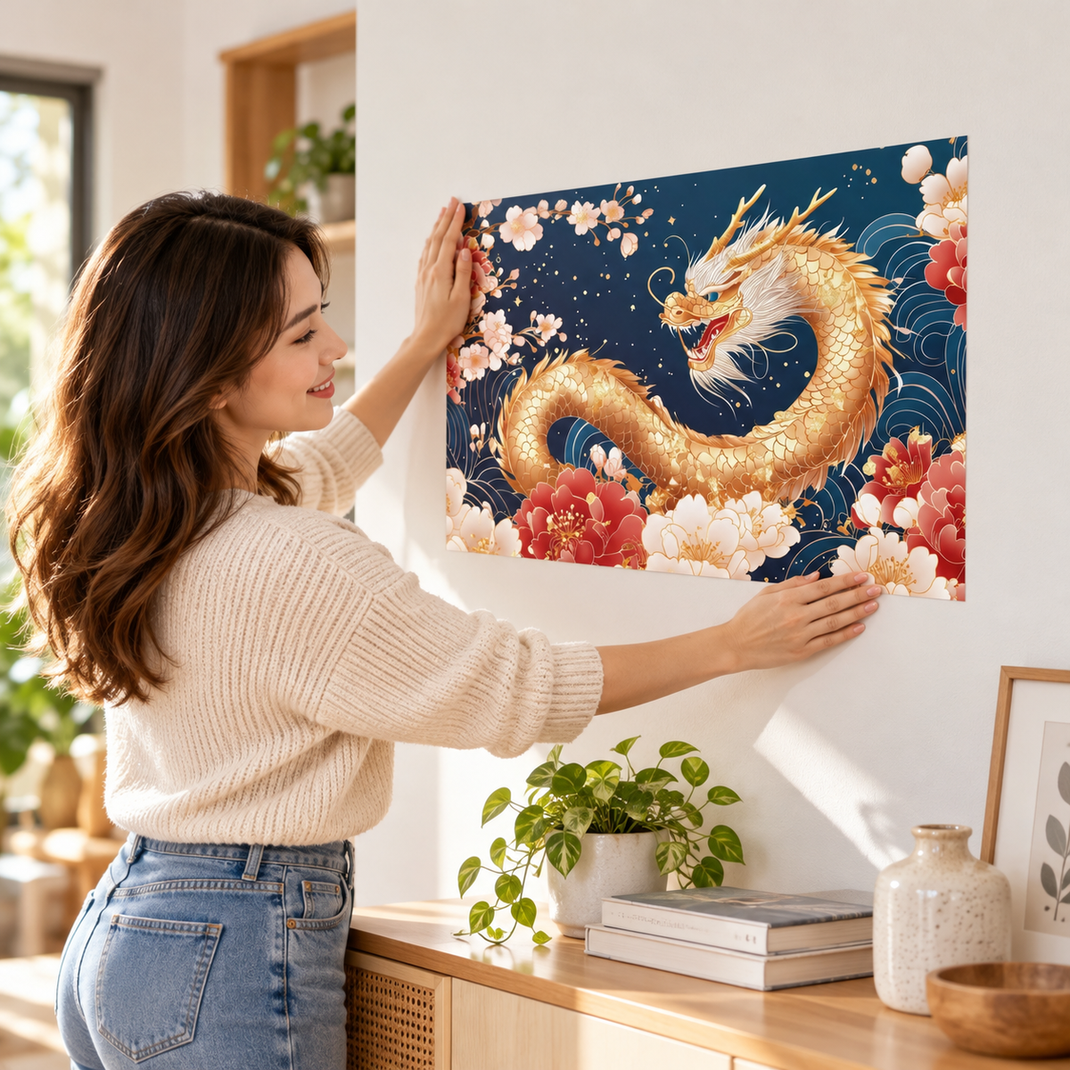 Golden Dragon Feng Shui Wall Decal, Chinese Dragon and Peony Wall Art, Removable Wall Sticker for Home Office Decor