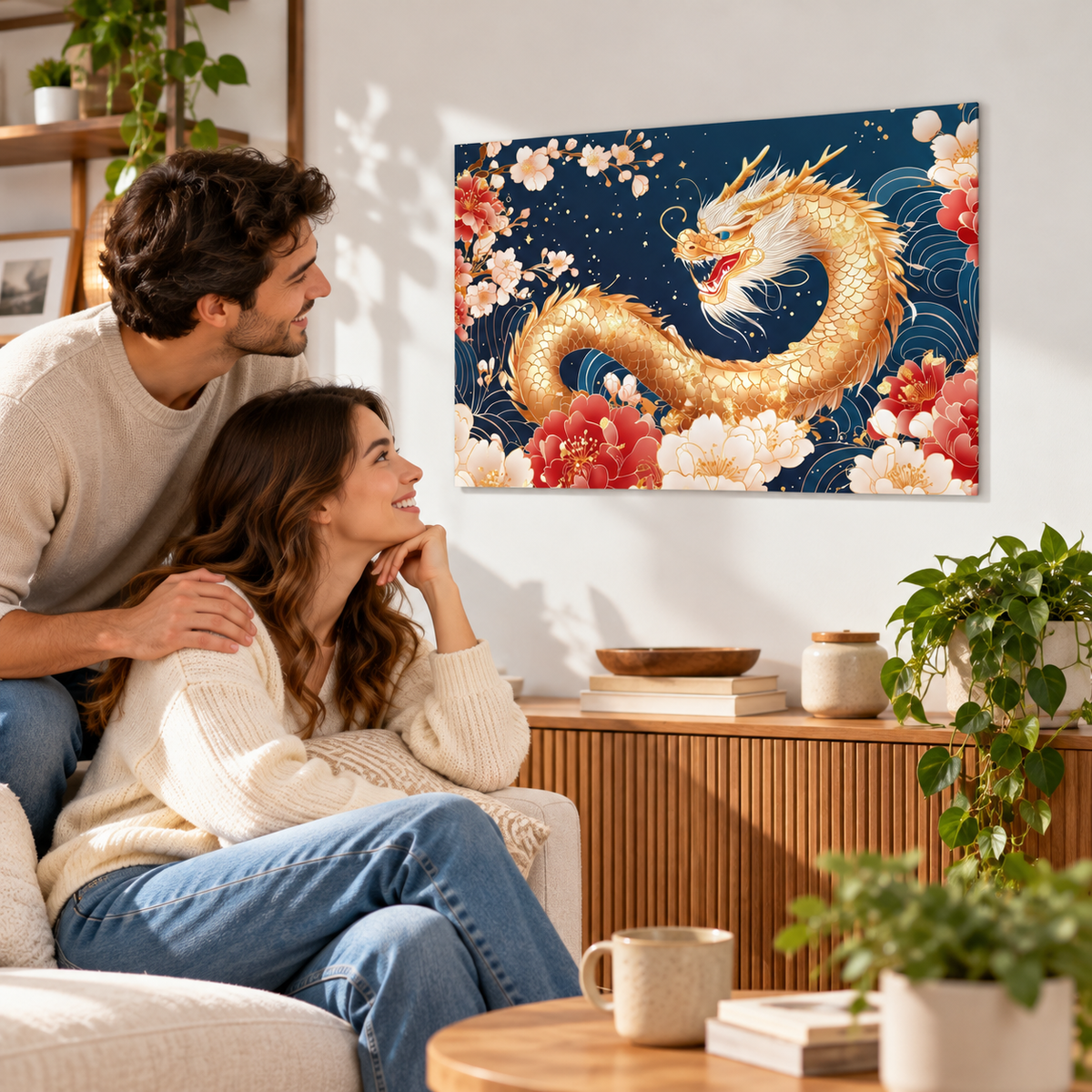 Golden Dragon Feng Shui Wall Decal, Chinese Dragon and Peony Wall Art, Removable Wall Sticker for Home Office Decor