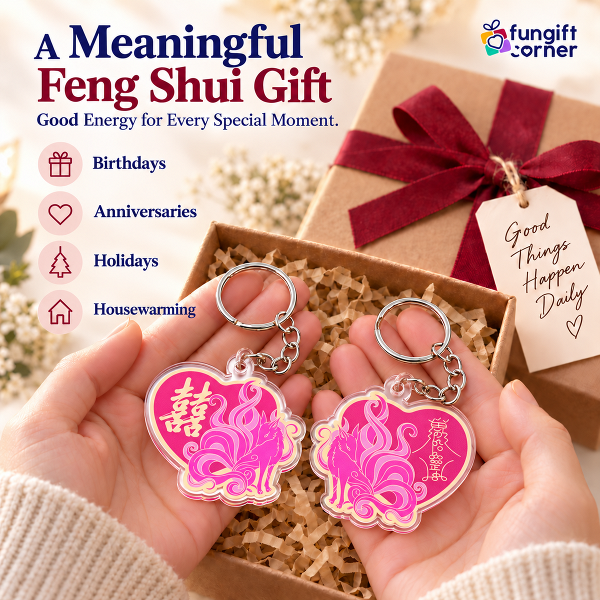 Nine Tailed Fox Love Feng Shui Amulet Keychains, Acrylic (2 Pack)