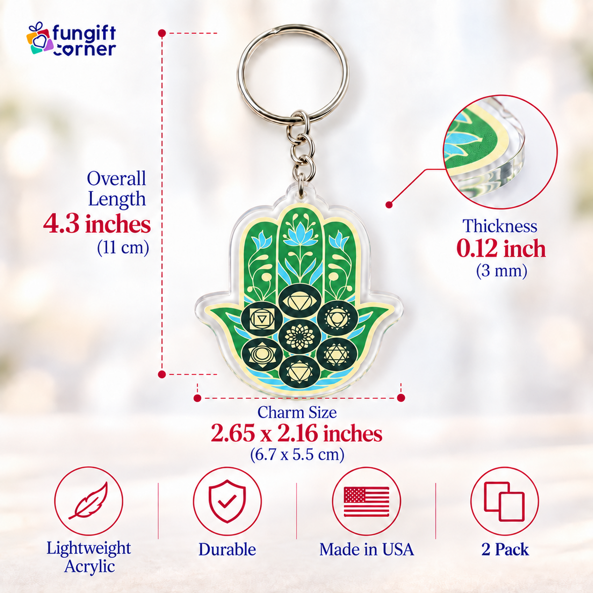 Hamsa Hand Life Force Amulet Feng Shui Keychains (2 Pack)
