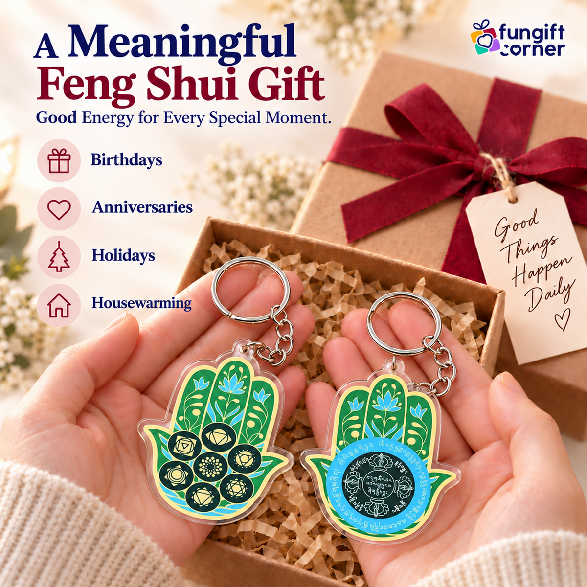 Hamsa Hand Life Force Amulet Feng Shui Keychains (2 Pack)
