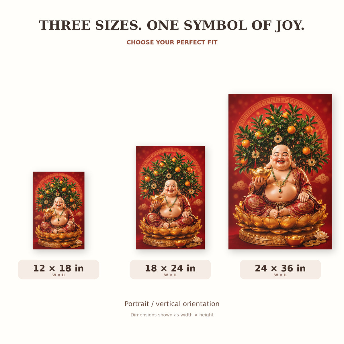 Laughing Buddha Wall Decal, Feng Shui Prosperity Art with Mandarin Tree and Gold Ingot