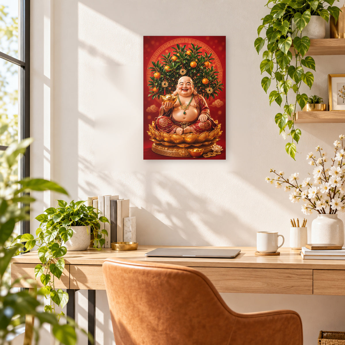 Laughing Buddha Wall Decal, Feng Shui Prosperity Art with Mandarin Tree and Gold Ingot