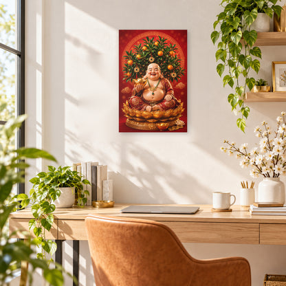 Laughing Buddha Wall Decal, Feng Shui Prosperity Art with Mandarin Tree and Gold Ingot