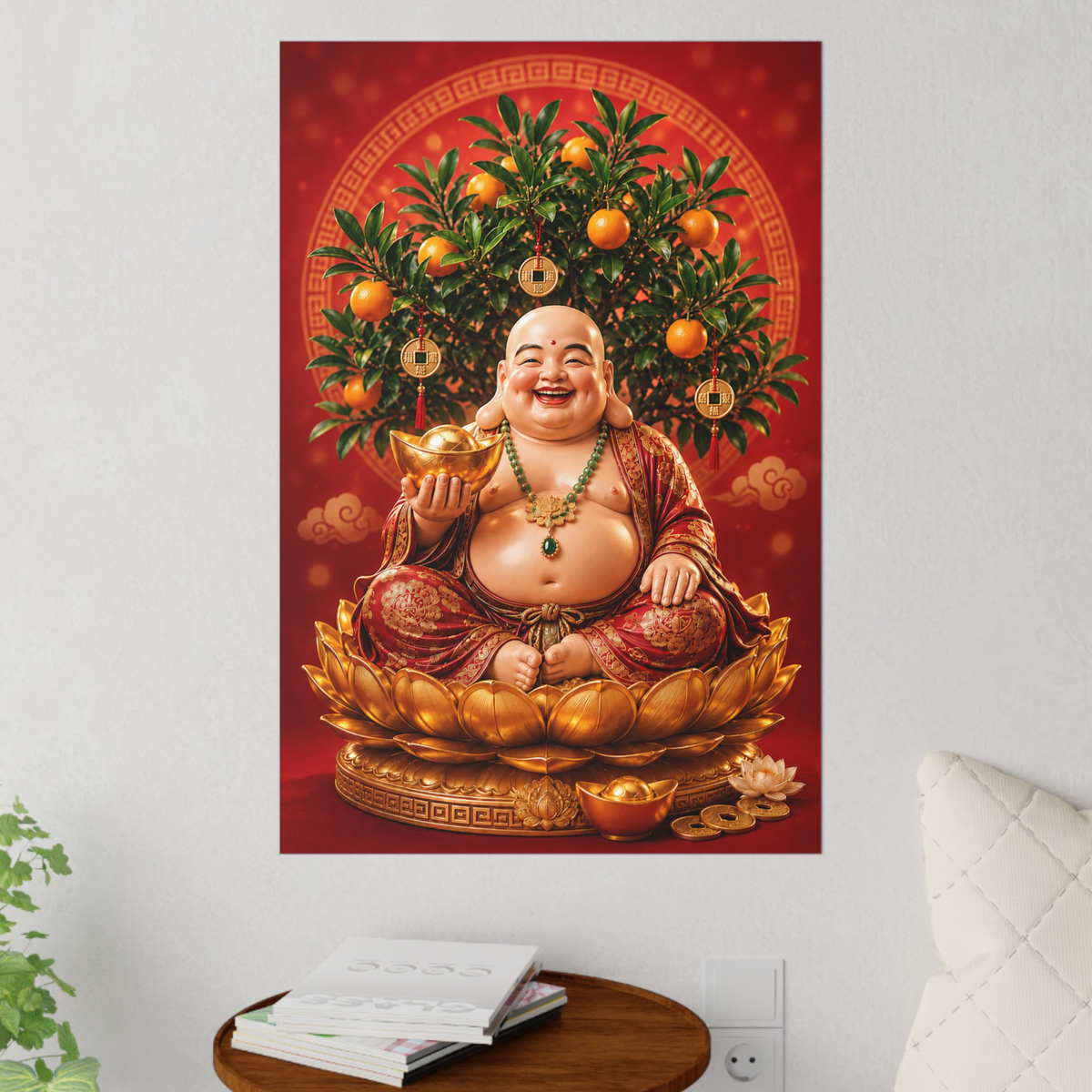 Laughing Buddha Wall Decal, Feng Shui Prosperity Art with Mandarin Tree and Gold Ingot