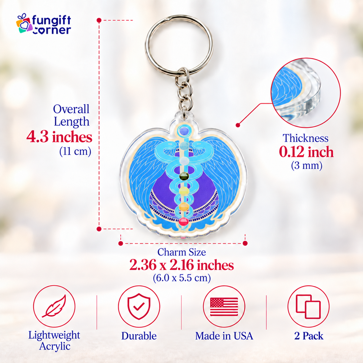 Life Force Amulet with 7 Chakra Feng Shui Keychains, Acrylic (2 Pack)
