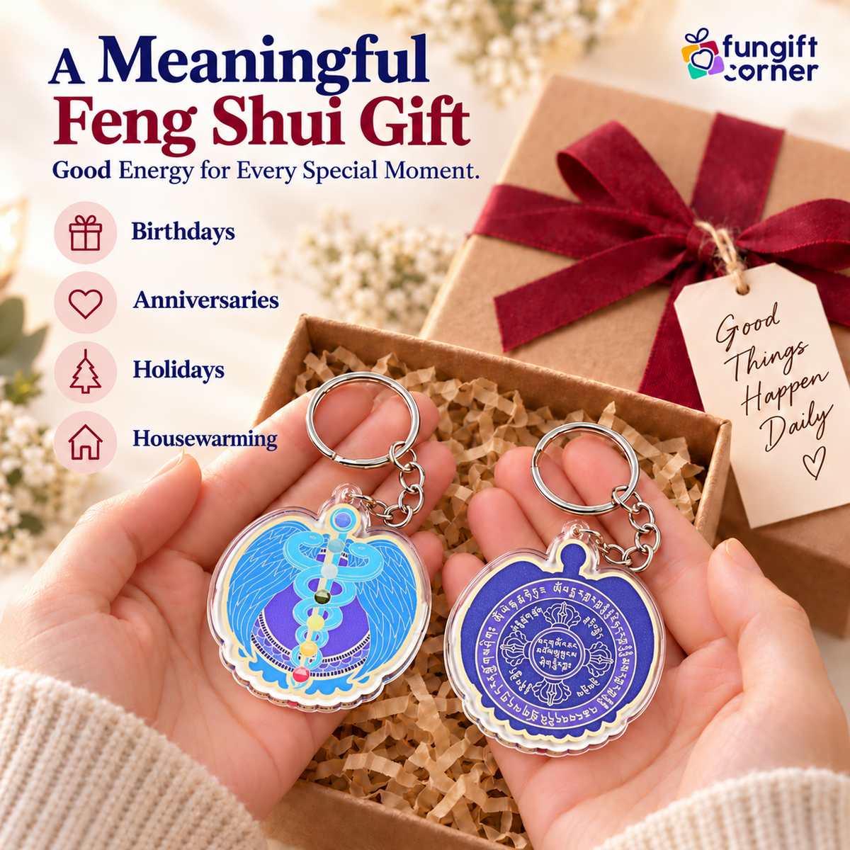 Life Force Amulet with 7 Chakra Feng Shui Keychains, Acrylic (2 Pack)