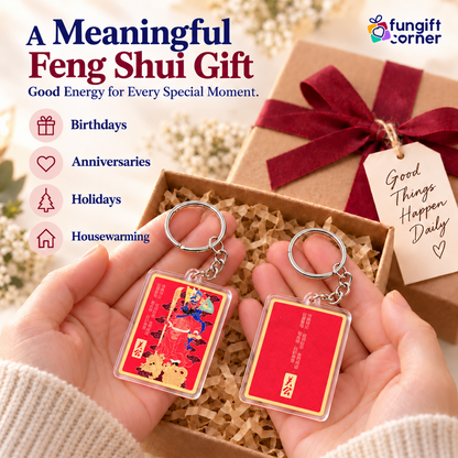 Magnificent Kwan Kung with 5 Flags Amulet Feng Shui Keychains (2 Pack)