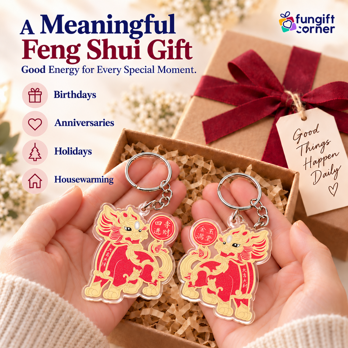 Big Auspicious Pi Yao Amulet Keychains, Acrylic (2 Pack)