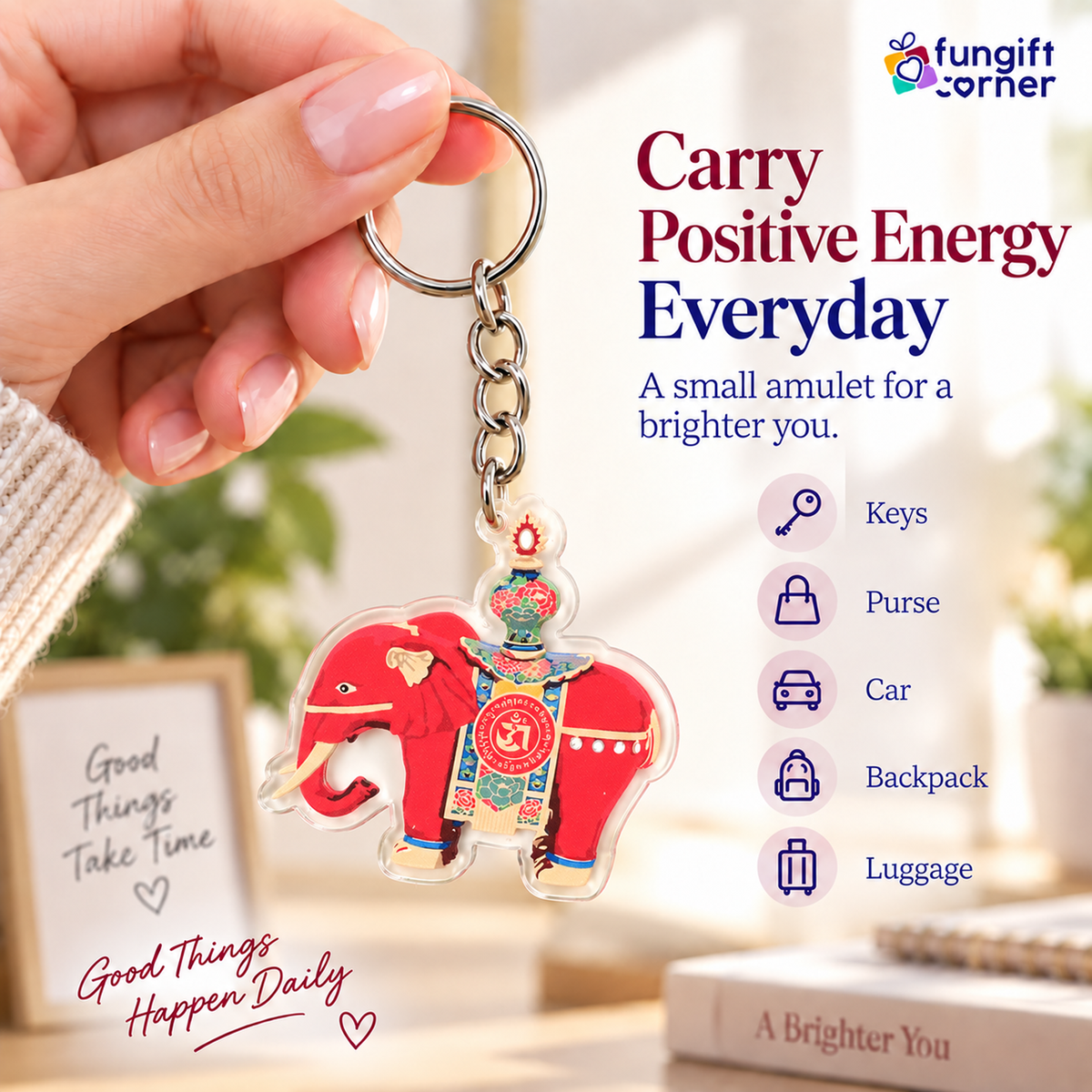 Red Prosperity Elephant Amulet Feng Shui Keychain (2 Pack)