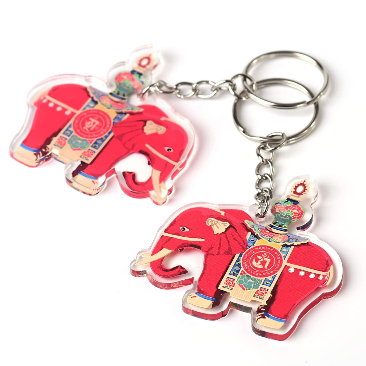 Set of 2 Red Prosperity Elephant Amulet Keychain, Feng Shui Symbol for Anti-Conflict and Prosperity, 2.20"L x 2.16"W x 0.16"H, Lightweight and Durable Transparent Acrylic, Split Ring Closure Keychain - Store Feng Shui