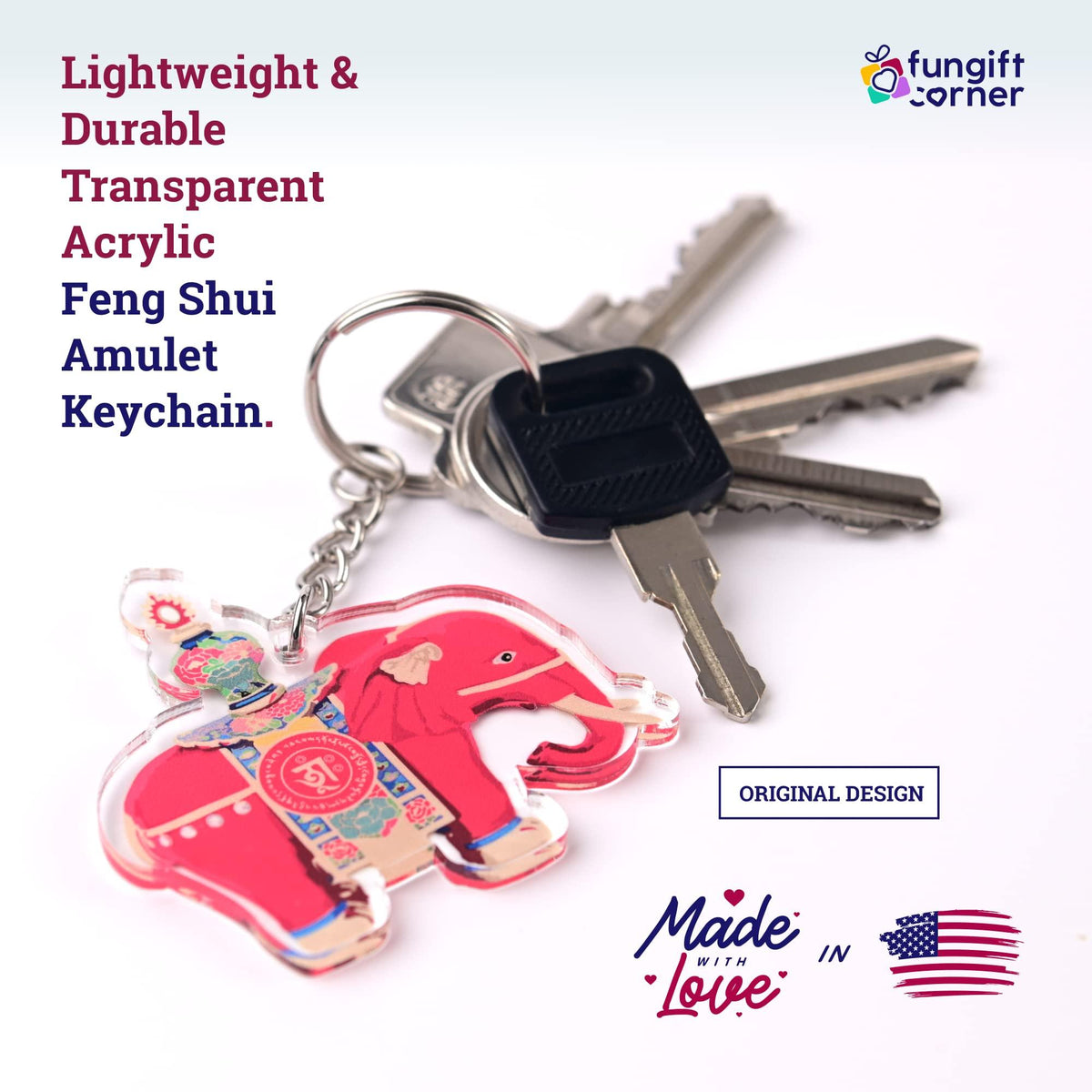 Set of 2 Red Prosperity Elephant Amulet Keychain, Feng Shui Symbol for Anti-Conflict and Prosperity, 2.20"L x 2.16"W x 0.16"H, Lightweight and Durable Transparent Acrylic, Split Ring Closure Keychain - Store Feng Shui