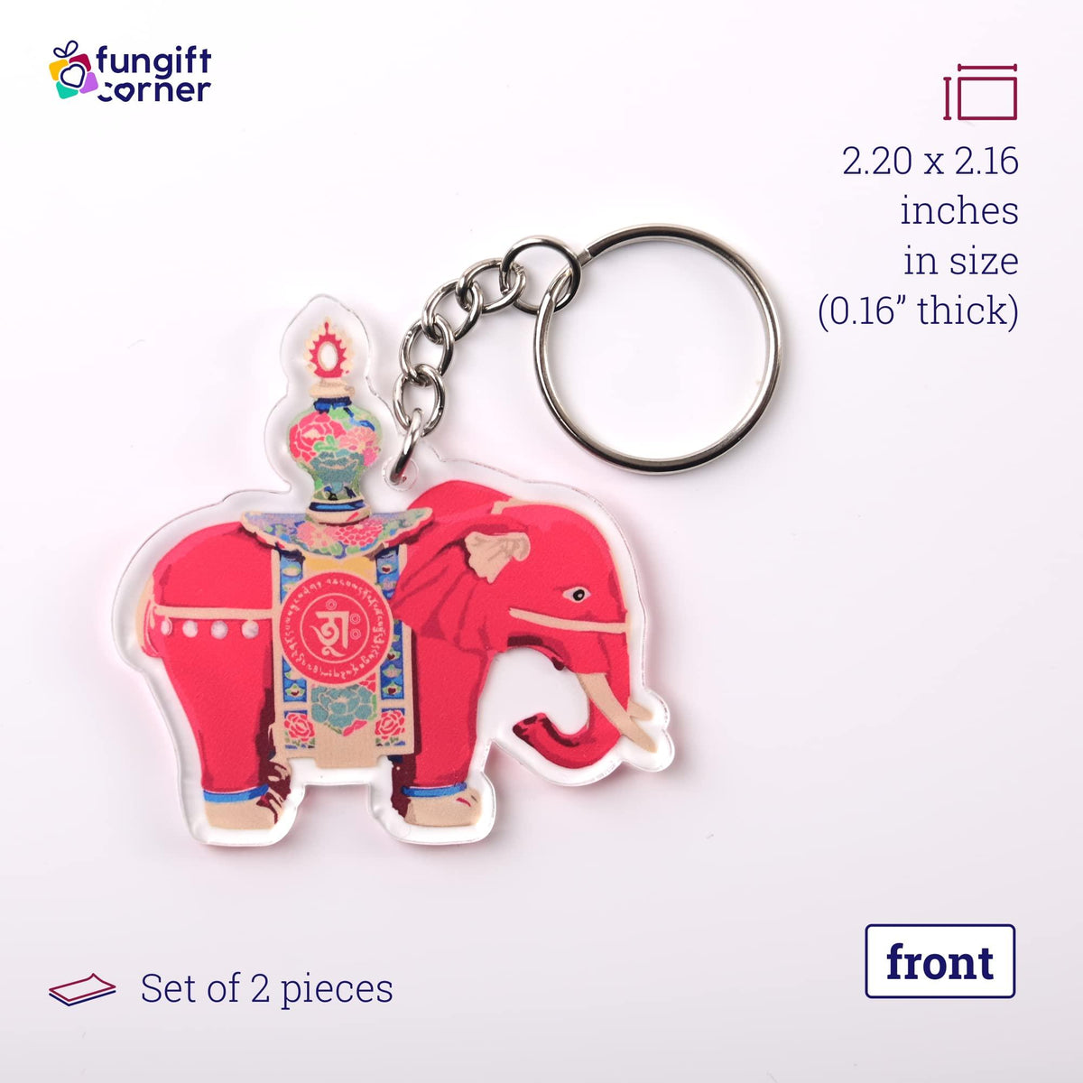 Set of 2 Red Prosperity Elephant Amulet Keychain, Feng Shui Symbol for Anti-Conflict and Prosperity, 2.20"L x 2.16"W x 0.16"H, Lightweight and Durable Transparent Acrylic, Split Ring Closure Keychain - Store Feng Shui