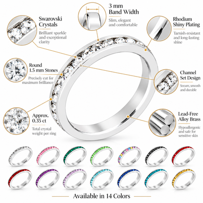 Birthstone Crystal Stackable Eternity Band Ring, Rhodium-Plated, Swarovski Crystal, 14 Colors
