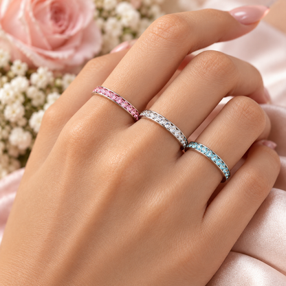 Birthstone Crystal Stackable Eternity Band Ring, Rhodium-Plated, Swarovski Crystal, 14 Colors