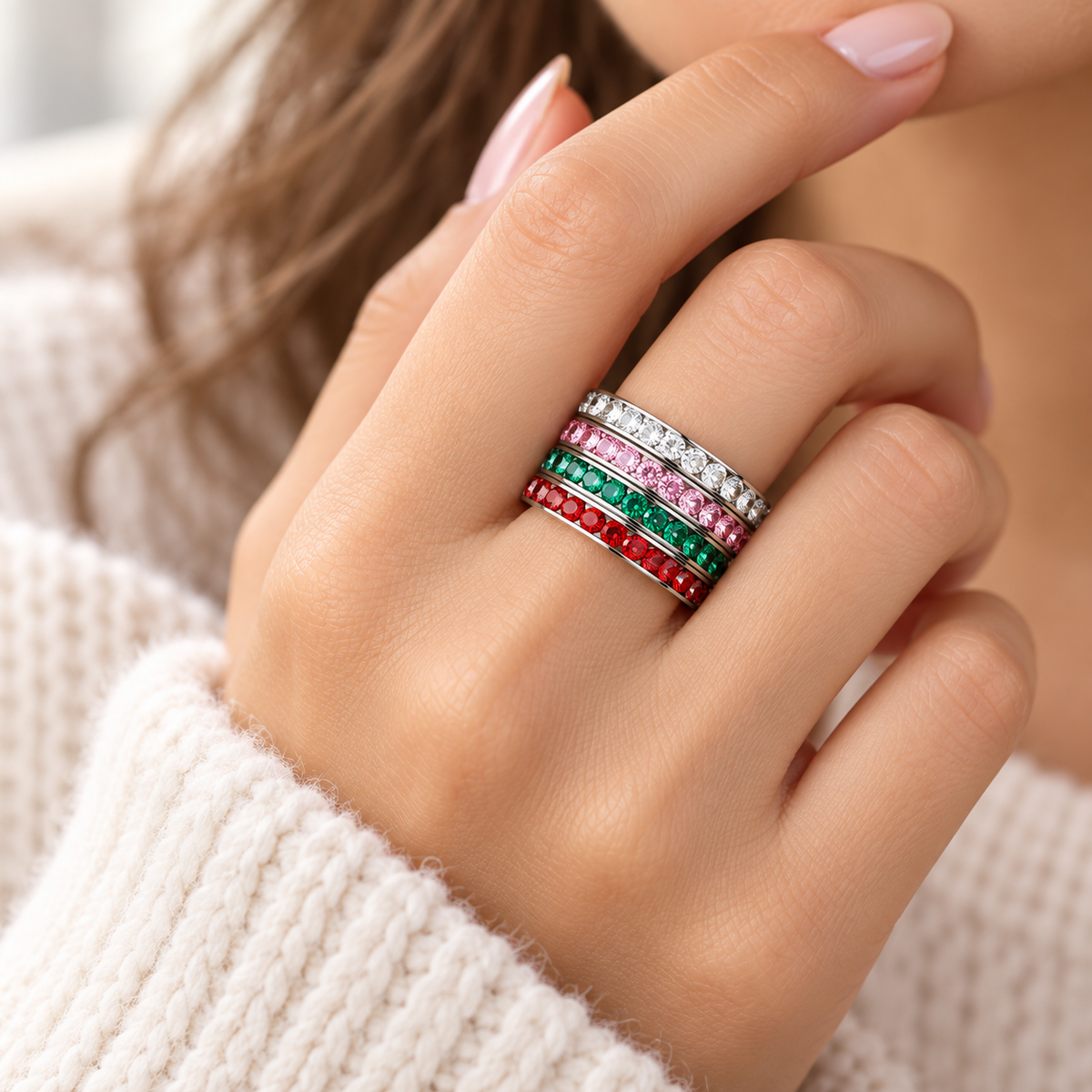 Birthstone Crystal Stackable Eternity Band Ring, Rhodium-Plated, Swarovski Crystal, 14 Colors