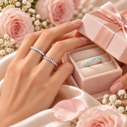 Birthstone Crystal Stackable Eternity Band Ring, Rhodium-Plated, Swarovski Crystal, 14 Colors