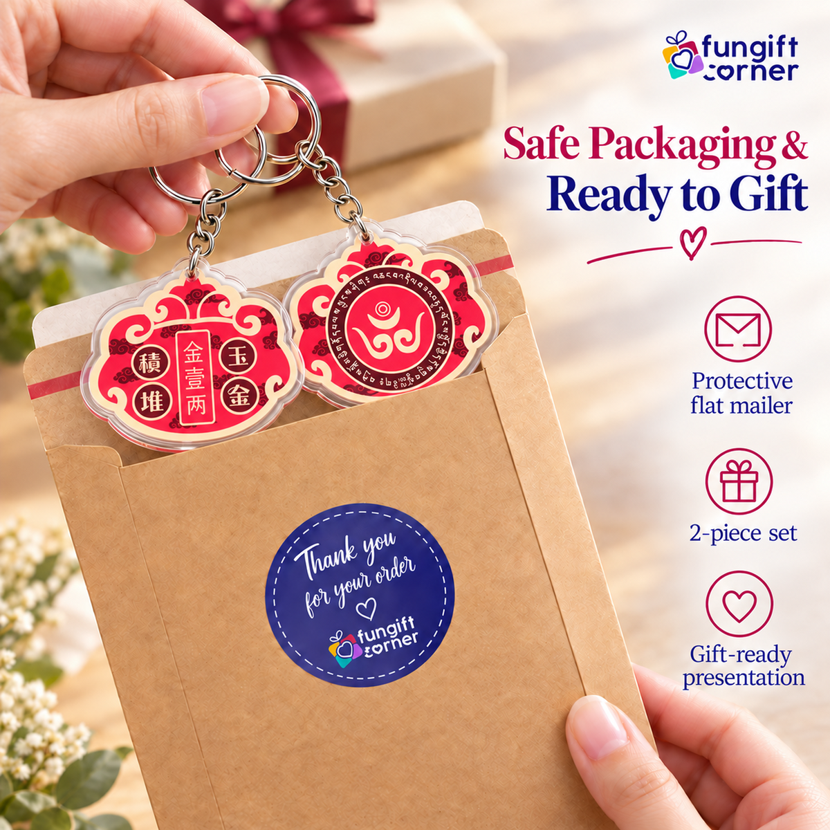 Feng Shui Traditional Wealth Lock Coin Amulet Keychains (2 Pack)