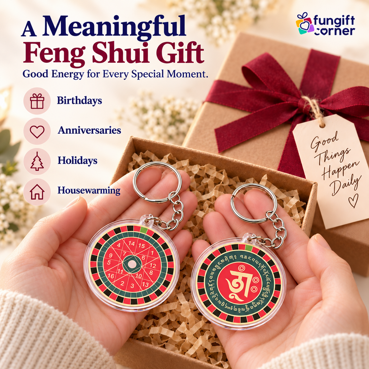 Windfall Yantra Feng Shui Amulet Keychains, Acrylic (2 Pack)